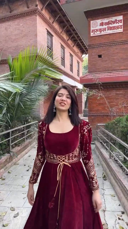 Maroon Velvet Lehenga Choli with Heavy Embroidered Blouse – Wedding & Festive Wear
