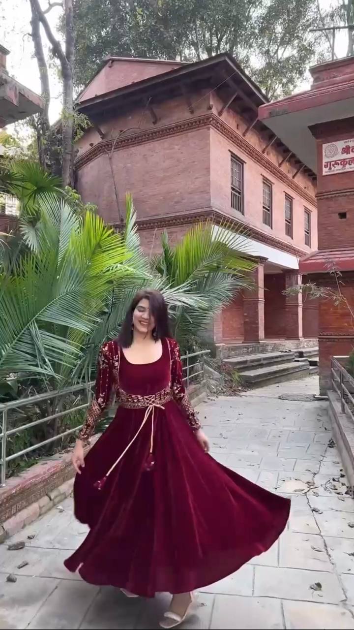 Maroon Velvet Lehenga Choli with Heavy Embroidered Blouse – Wedding & Festive Wear
