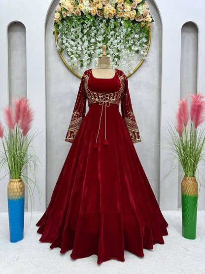 Maroon Velvet Lehenga Choli with Heavy Embroidered Blouse – Wedding & Festive Wear
