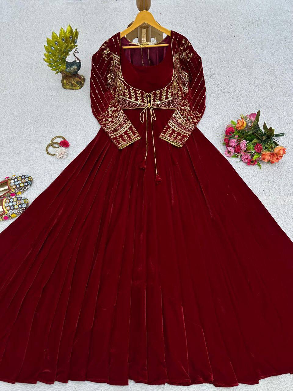 Maroon Velvet Lehenga Choli with Heavy Embroidered Blouse – Wedding & Festive Wear