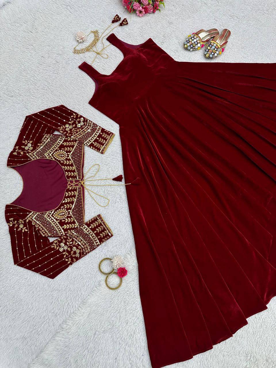 Maroon Velvet Lehenga Choli with Heavy Embroidered Blouse – Wedding & Festive Wear