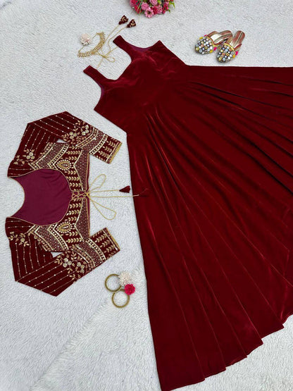 Maroon Velvet Lehenga Choli with Heavy Embroidered Blouse – Wedding & Festive Wear