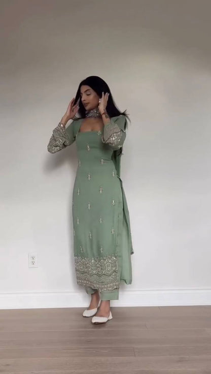 Embroidered Kurta Pant Set with Net Dupatta – Mint Green & Dusty Rose