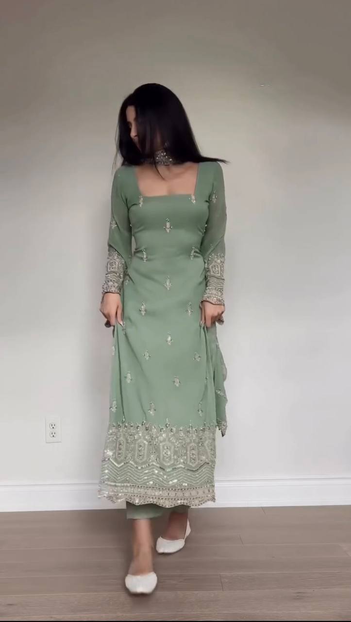 Embroidered Kurta Pant Set with Net Dupatta – Mint Green & Dusty Rose