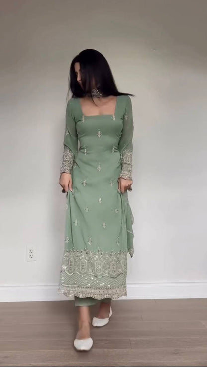Embroidered Kurta Pant Set with Net Dupatta – Mint Green & Dusty Rose