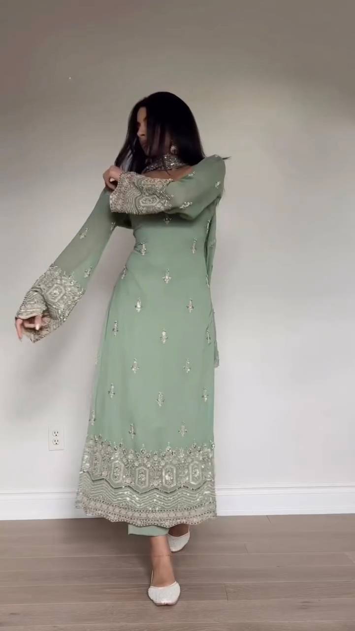 Embroidered Kurta Pant Set with Net Dupatta – Mint Green & Dusty Rose
