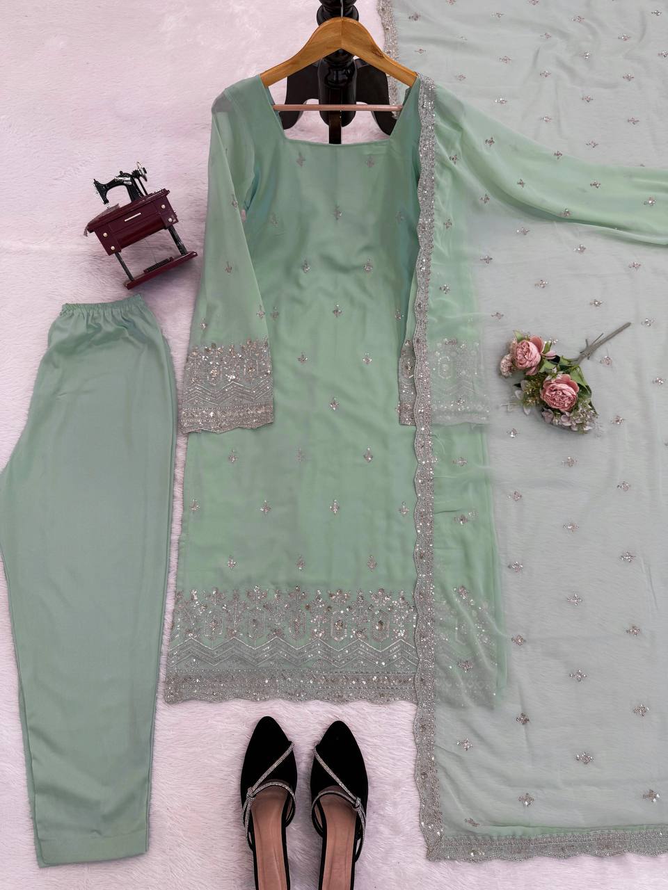 Embroidered Kurta Pant Set with Net Dupatta – Mint Green & Dusty Rose