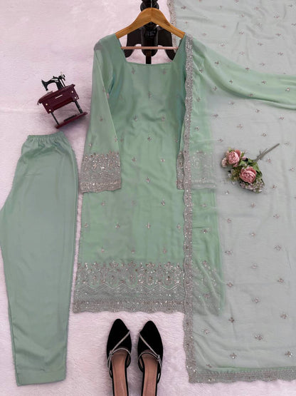 Embroidered Kurta Pant Set with Net Dupatta – Mint Green & Dusty Rose