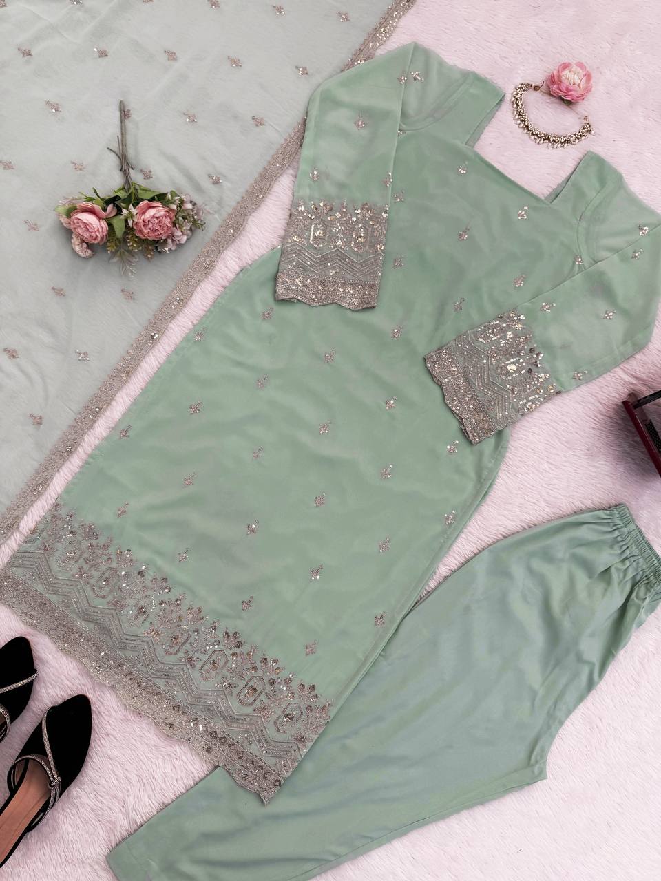 Embroidered Kurta Pant Set with Net Dupatta – Mint Green & Dusty Rose