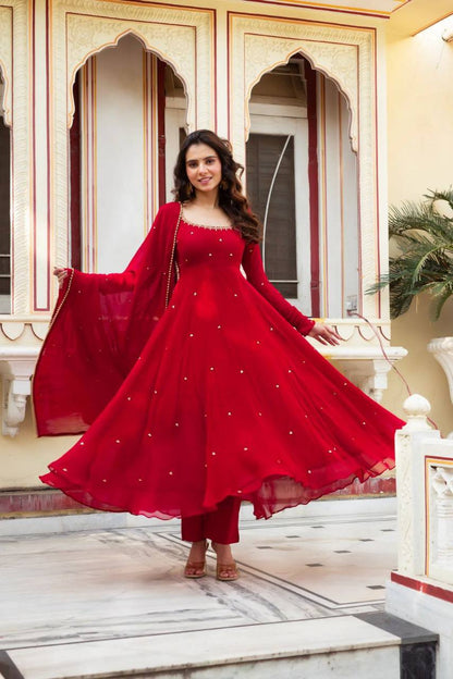 Red Anarkali Kurta Pant Set with Dupatta – Festive & Party Wear