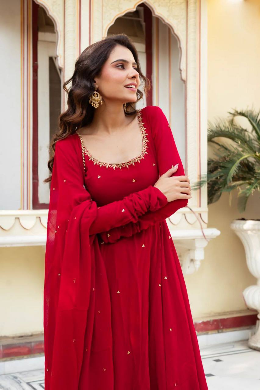 Red Anarkali Kurta Pant Set with Dupatta – Festive & Party Wear
