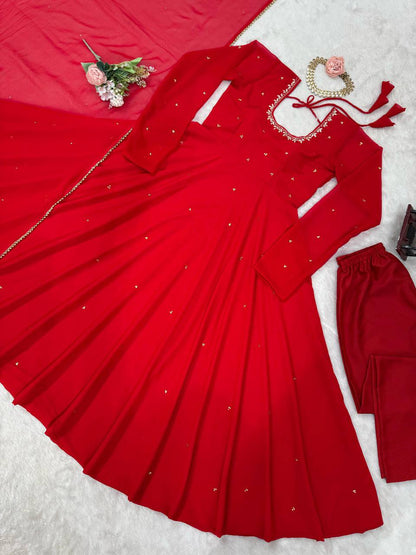 Red Anarkali Kurta Pant Set with Dupatta – Festive & Party Wear