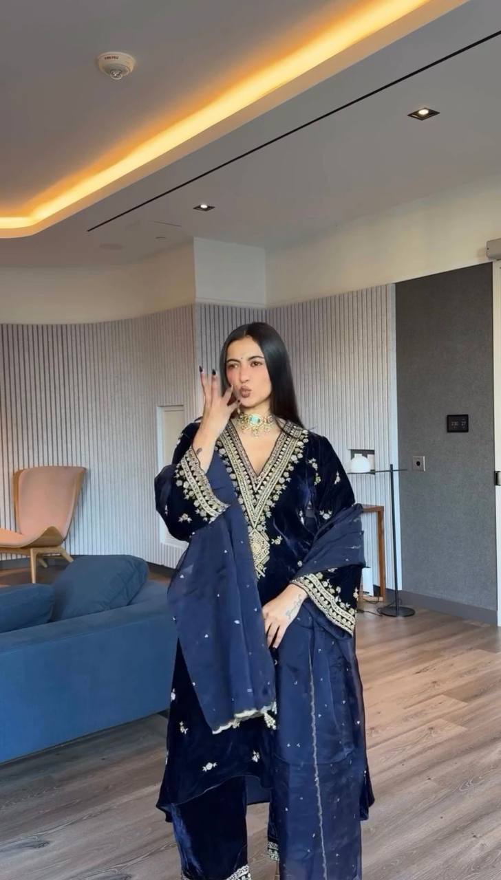 Navy Blue Embroidered Kurta Pant Set with Dupatta – Festive & Party Wear