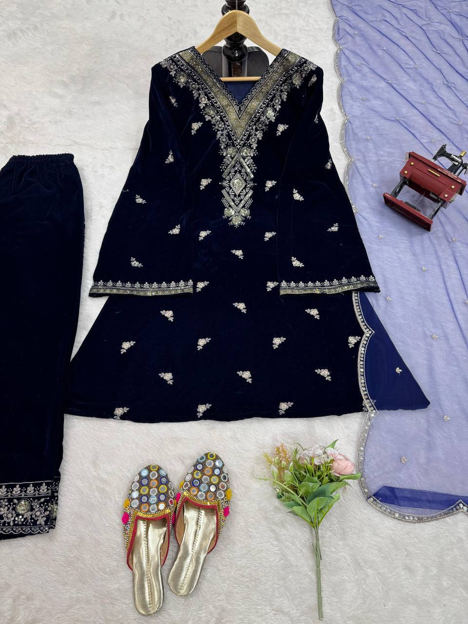 Navy Blue Embroidered Kurta Pant Set with Dupatta – Festive & Party Wear