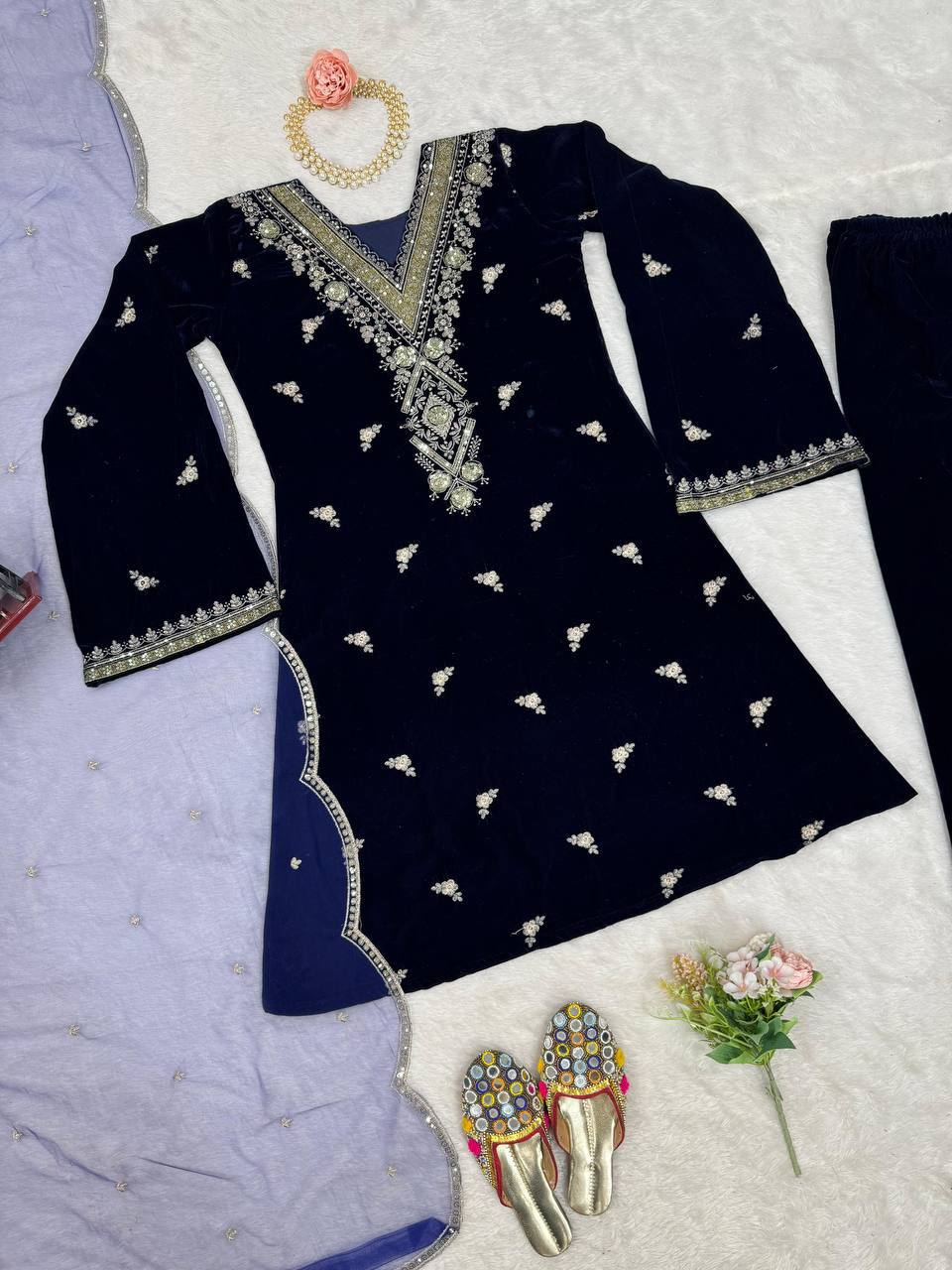 Navy Blue Embroidered Kurta Pant Set with Dupatta – Festive & Party Wear