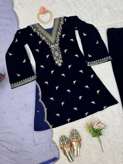 Navy Blue Embroidered Kurta Pant Set with Dupatta – Festive & Party Wear