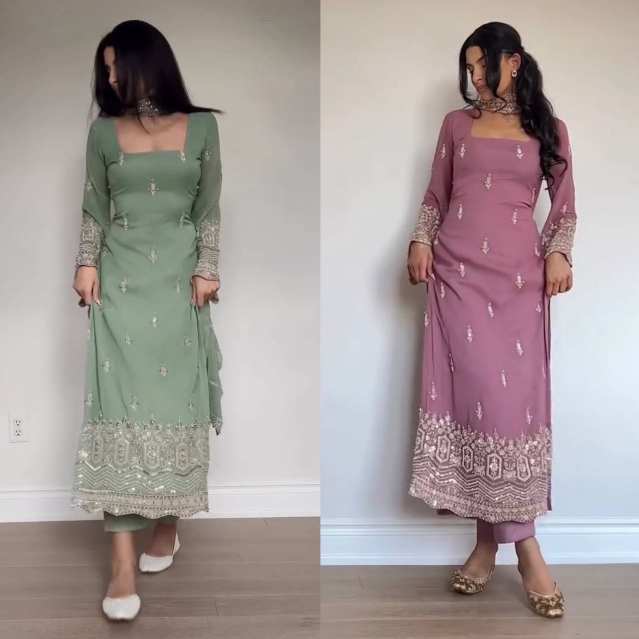 Embroidered Kurta Pant Set with Net Dupatta – Mint Green & Dusty Rose