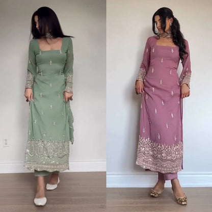 Embroidered Kurta Pant Set with Net Dupatta – Mint Green & Dusty Rose