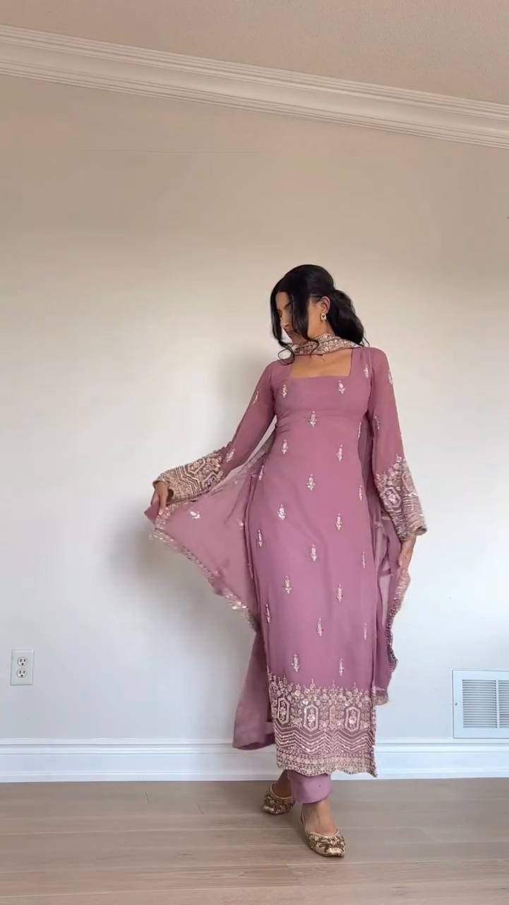 Embroidered Kurta Pant Set with Net Dupatta – Mint Green & Dusty Rose