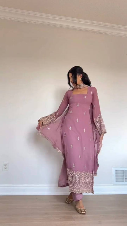 Embroidered Kurta Pant Set with Net Dupatta – Mint Green & Dusty Rose