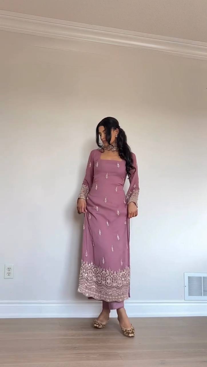 Embroidered Kurta Pant Set with Net Dupatta – Mint Green & Dusty Rose