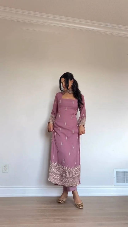 Embroidered Kurta Pant Set with Net Dupatta – Mint Green & Dusty Rose