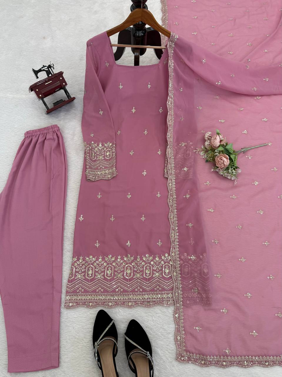 Embroidered Kurta Pant Set with Net Dupatta – Mint Green & Dusty Rose