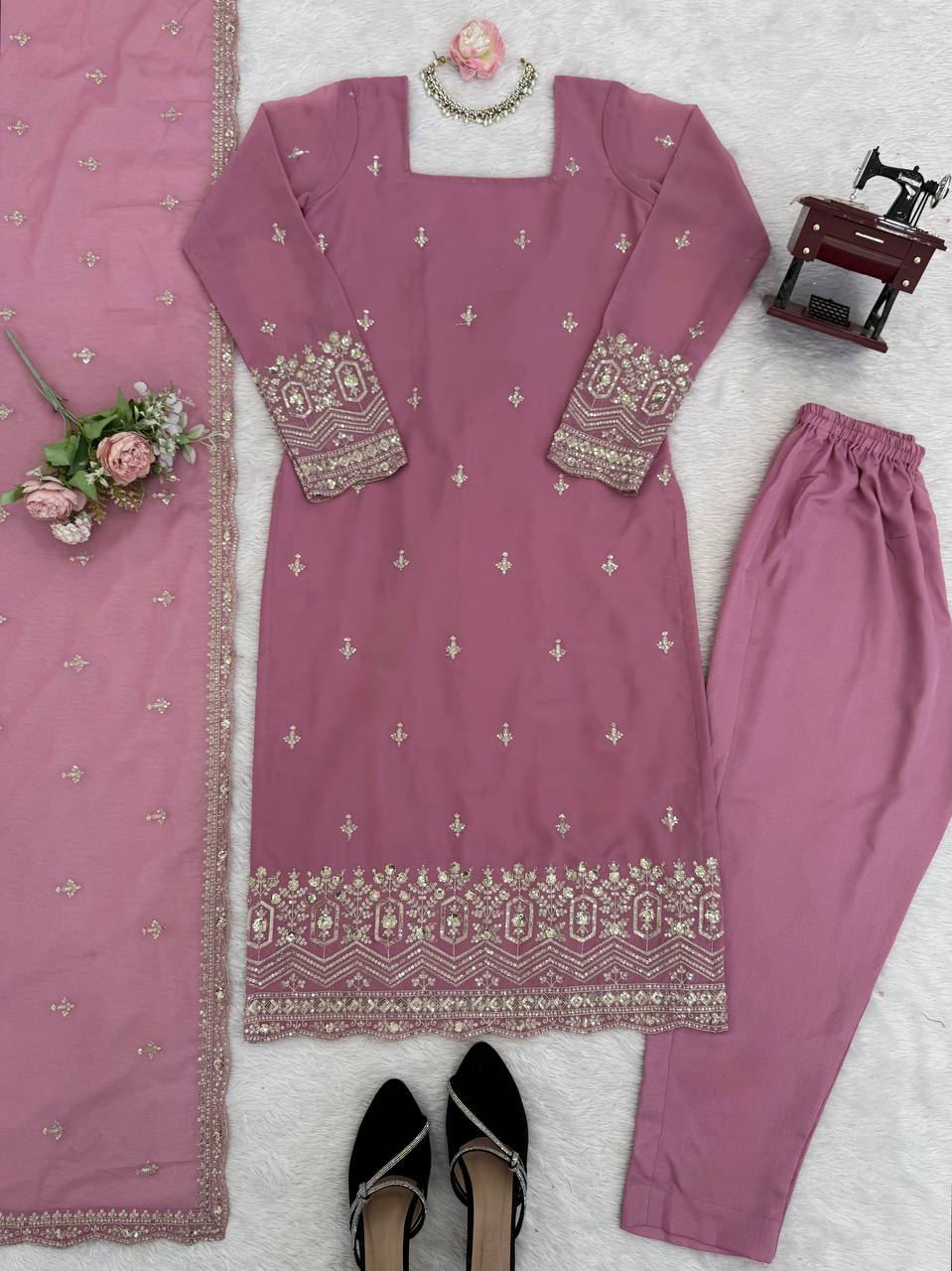 Embroidered Kurta Pant Set with Net Dupatta – Mint Green & Dusty Rose