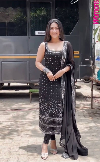 Black Mirror Work Sleeveless Kurta Pant Set with Dupatta – Festive & Party Wear