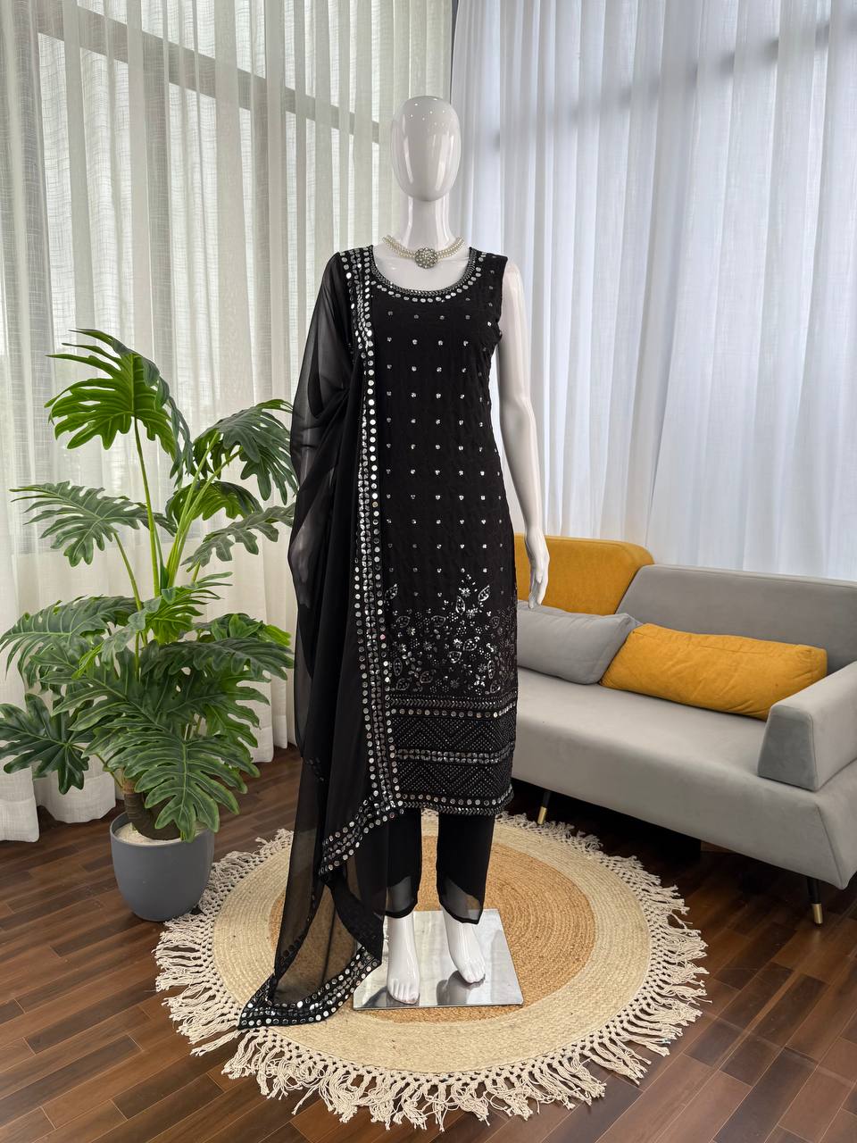 Black Mirror Work Sleeveless Kurta Pant Set with Dupatta – Festive & Party Wear