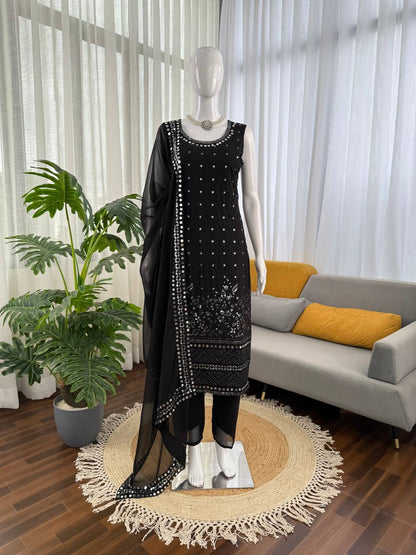 Black Mirror Work Sleeveless Kurta Pant Set with Dupatta – Festive & Party Wear