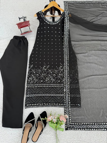 Black Mirror Work Sleeveless Kurta Pant Set with Dupatta – Festive & Party Wear