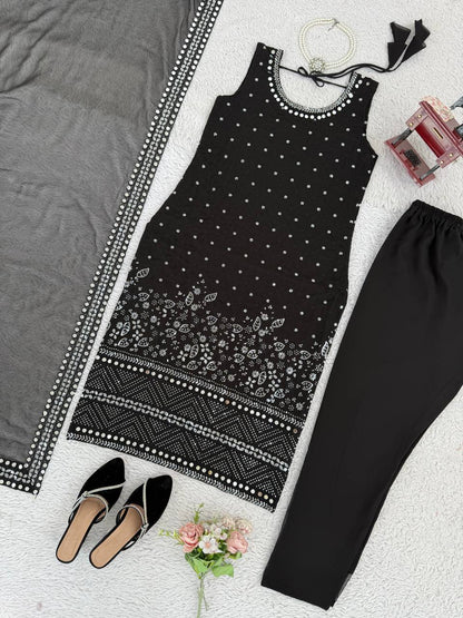 Black Mirror Work Sleeveless Kurta Pant Set with Dupatta – Festive & Party Wear