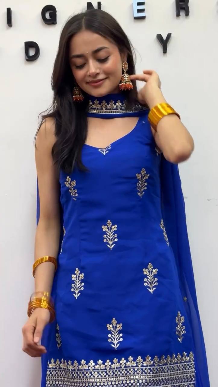 Royal Blue Georgette Sharara Suit Set with Dupatta | Elegant Festive Wear