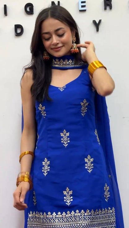 Royal Blue Georgette Sharara Suit Set with Dupatta | Elegant Festive Wear