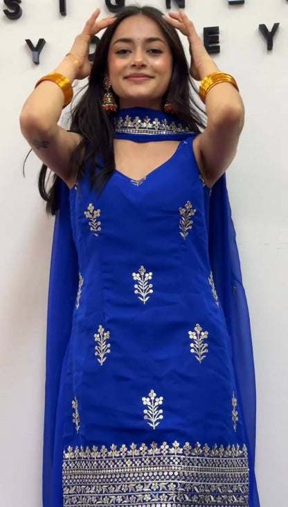 Royal Blue Georgette Sharara Suit Set with Dupatta | Elegant Festive Wear