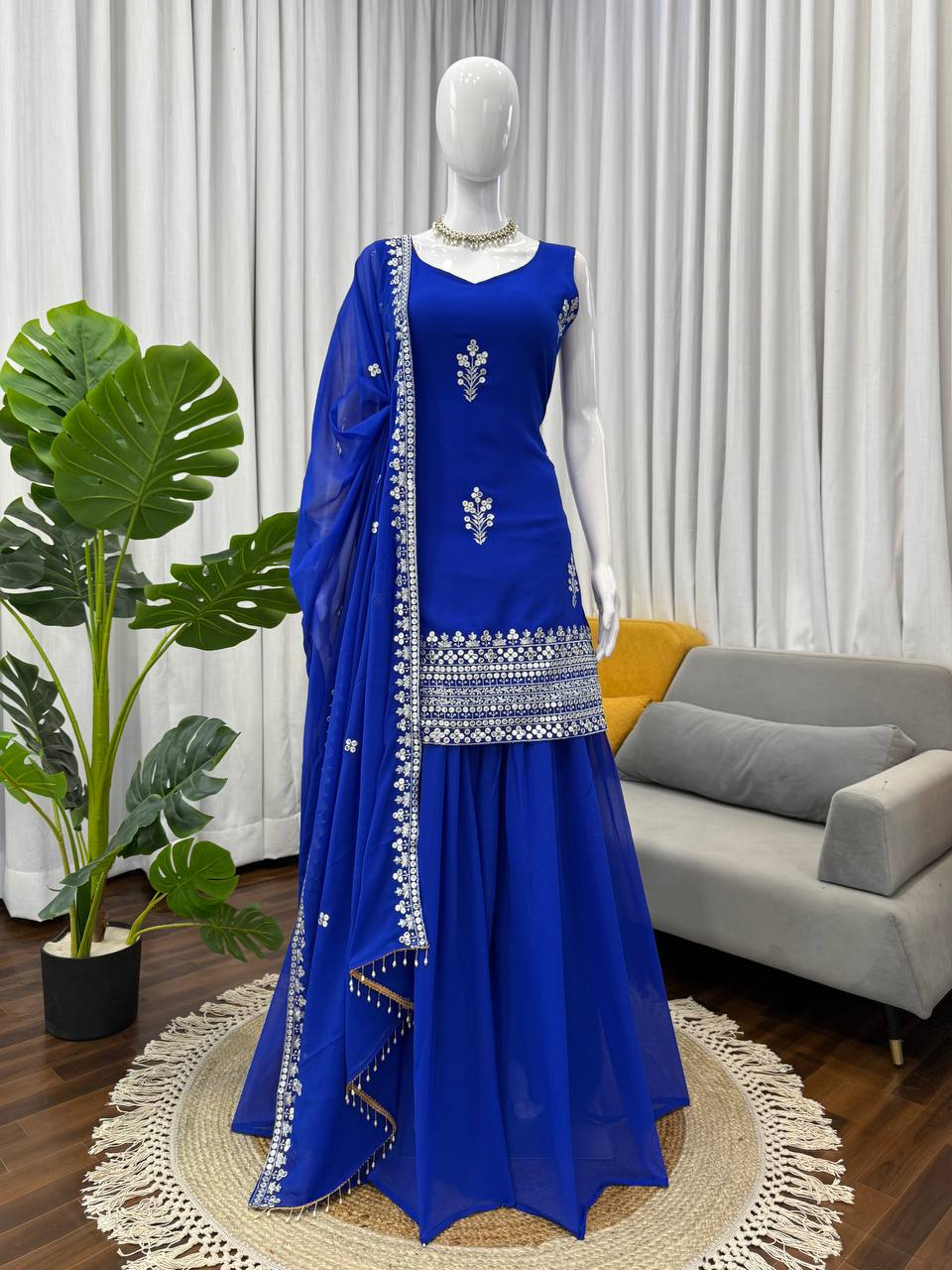 Royal Blue Georgette Sharara Suit Set with Dupatta | Elegant Festive Wear