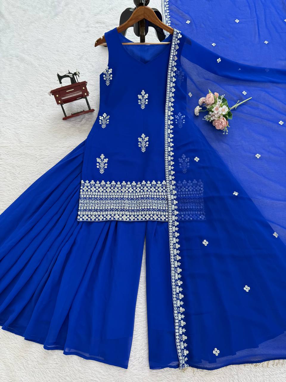 Royal Blue Georgette Sharara Suit Set with Dupatta | Elegant Festive Wear
