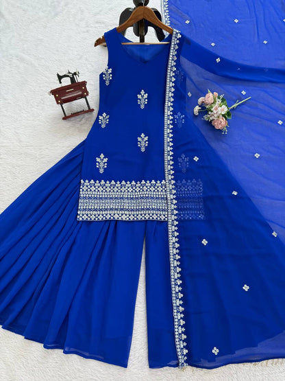 Royal Blue Georgette Sharara Suit Set with Dupatta | Elegant Festive Wear