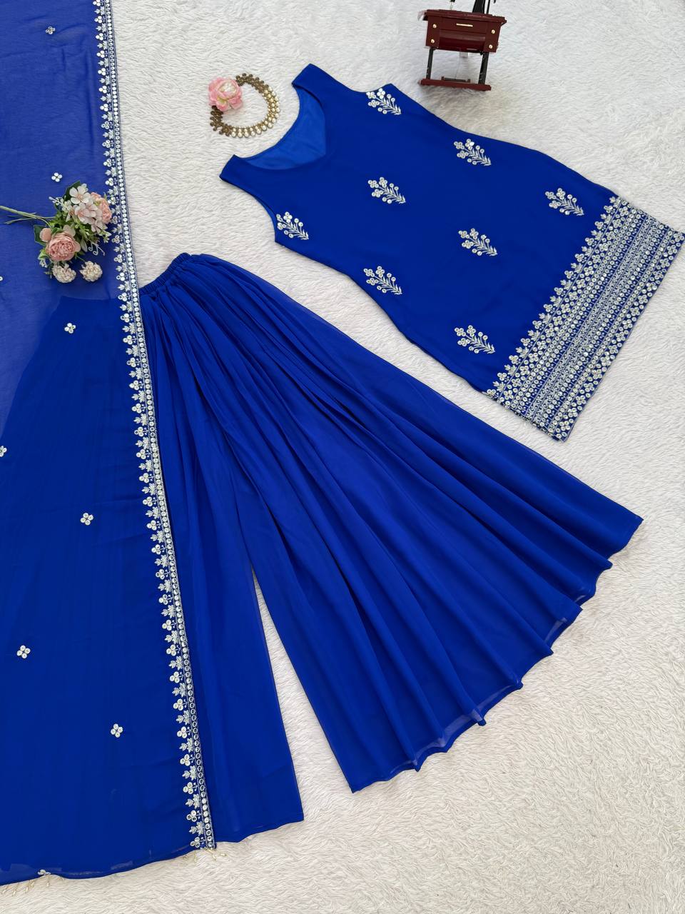 Royal Blue Georgette Sharara Suit Set with Dupatta | Elegant Festive Wear
