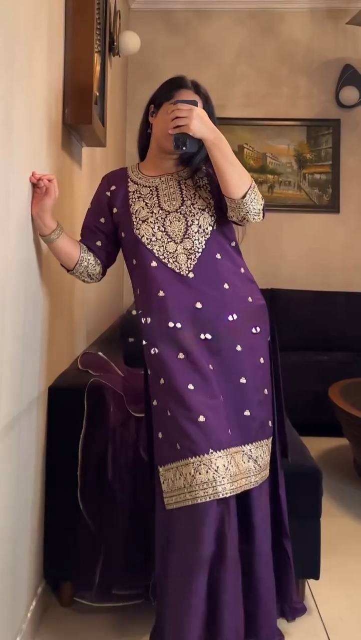 Deep Purple Embroidered Kurta Sharara Suit Set with Dupatta | Festive Ethnic Wear