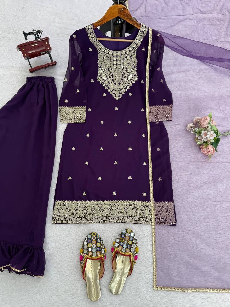 Deep Purple Embroidered Kurta Sharara Suit Set with Dupatta | Festive Ethnic Wear