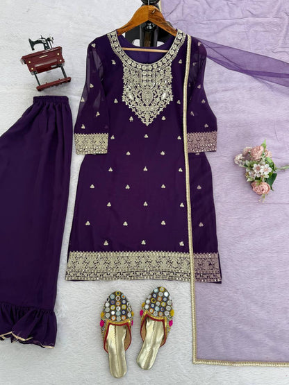Deep Purple Embroidered Kurta Sharara Suit Set with Dupatta | Festive Ethnic Wear