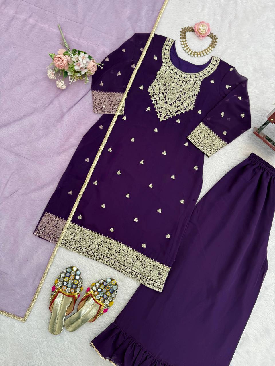 Deep Purple Embroidered Kurta Sharara Suit Set with Dupatta | Festive Ethnic Wear