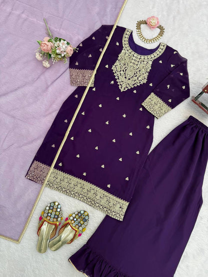 Deep Purple Embroidered Kurta Sharara Suit Set with Dupatta | Festive Ethnic Wear