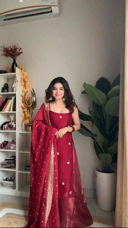 Red Sleeveless Kurta Sharara Suit Set with Dupatta | Festive Ethnic Wear