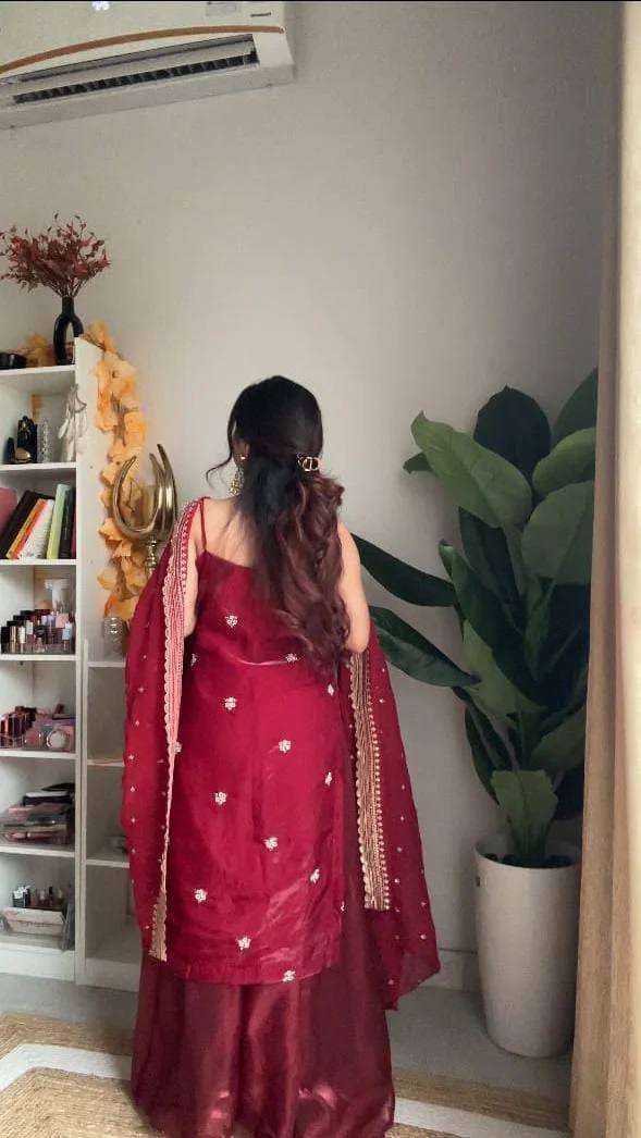 Red Sleeveless Kurta Sharara Suit Set with Dupatta | Festive Ethnic Wear