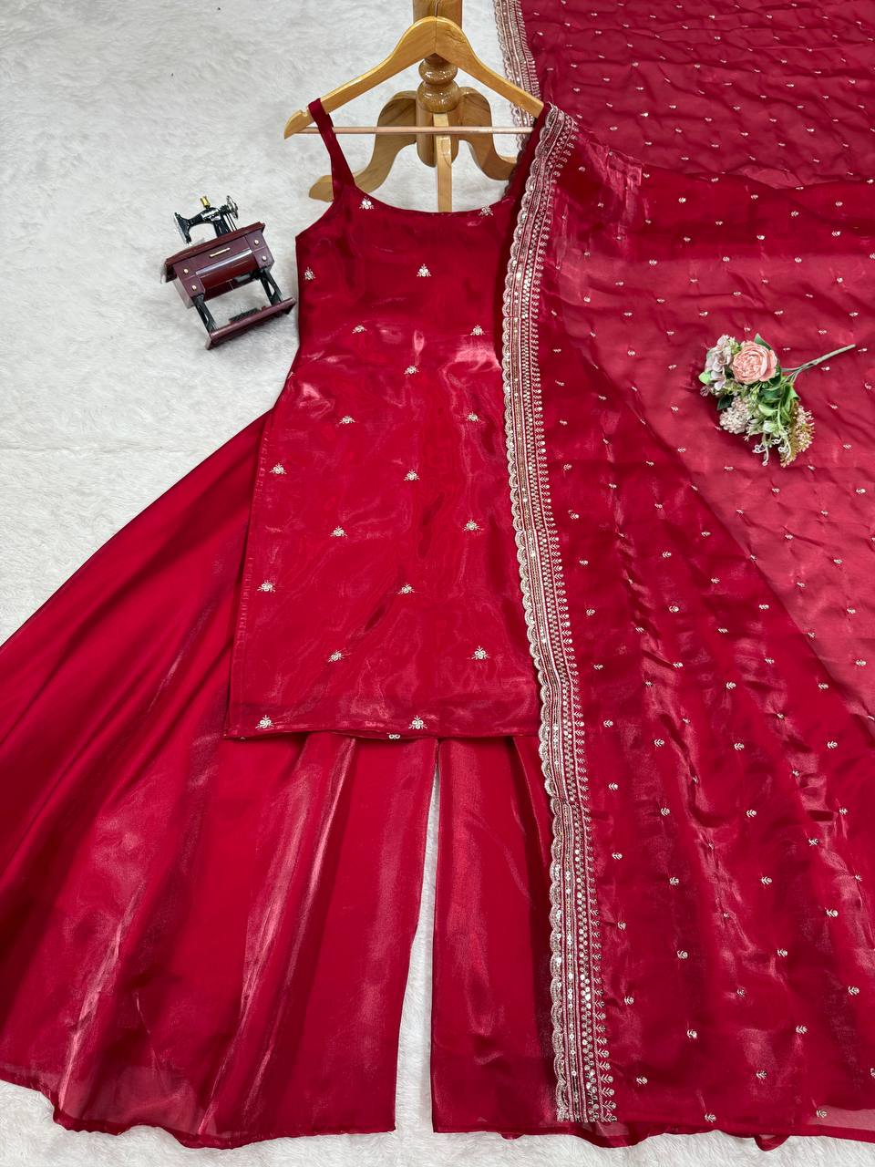 Red Sleeveless Kurta Sharara Suit Set with Dupatta | Festive Ethnic Wear