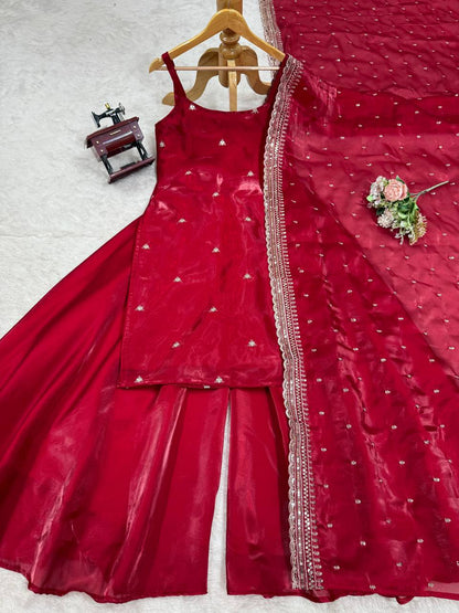 Red Sleeveless Kurta Sharara Suit Set with Dupatta | Festive Ethnic Wear