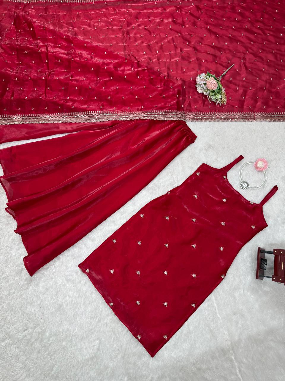 Red Sleeveless Kurta Sharara Suit Set with Dupatta | Festive Ethnic Wear